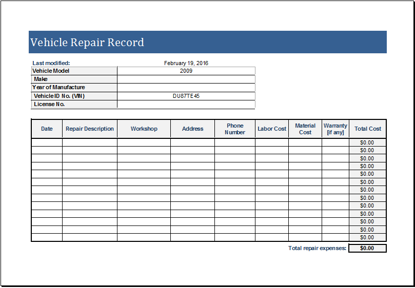 Vehicle Repair Log Template For MS EXCEL Excel Templates