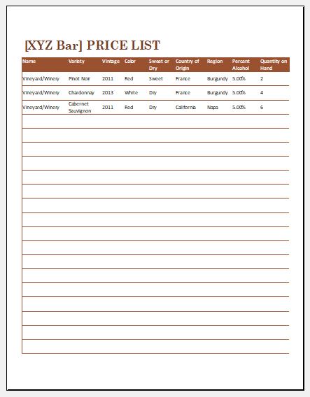 Bar Price List Template For MS Excel Excel Templates