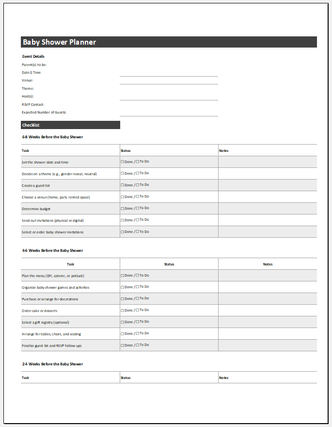 Baby shower planner with checklist