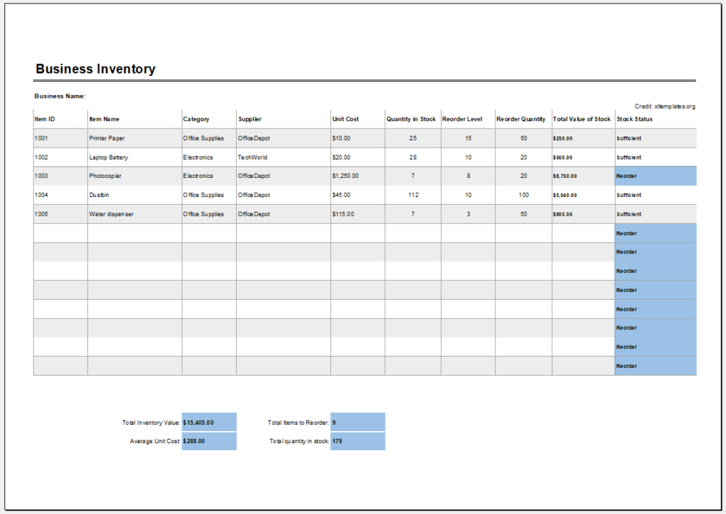 Business Inventory Template for Excel