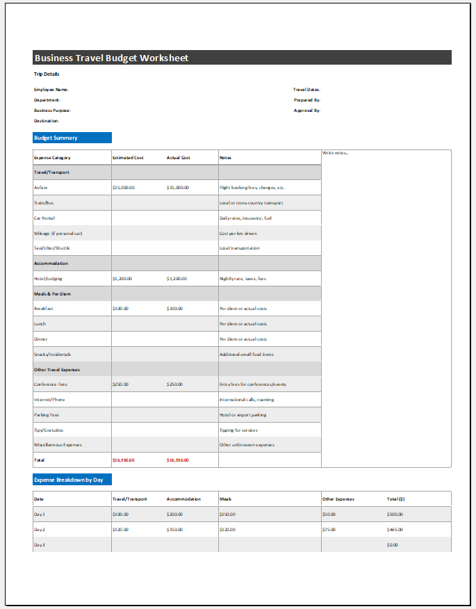 Business Travel Budget Worksheet