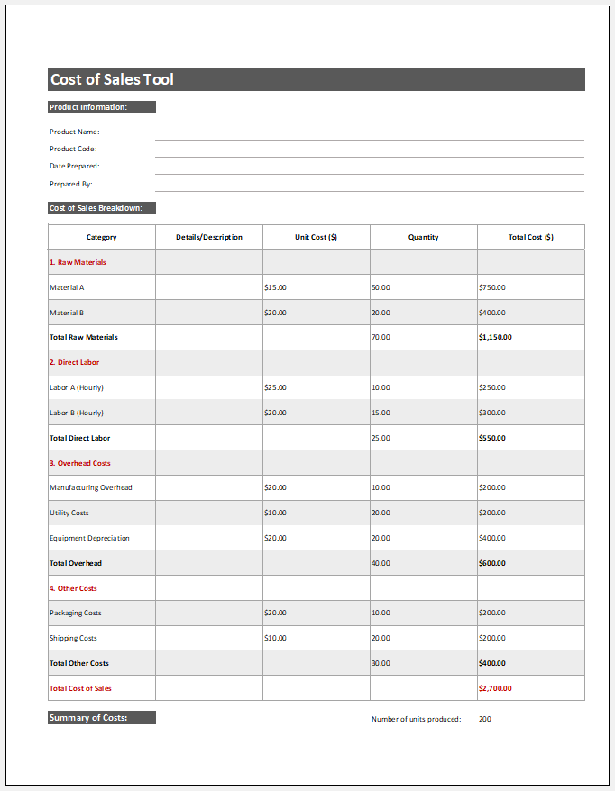 Cost of Sales Tool Template for Excel