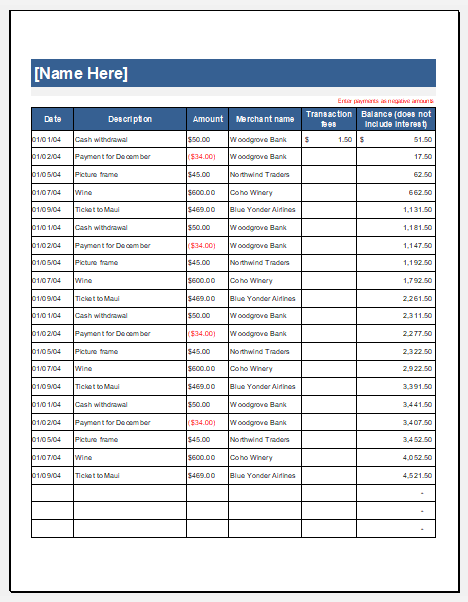 MS Excel Printable Credit Card Log Templates Excel Templates