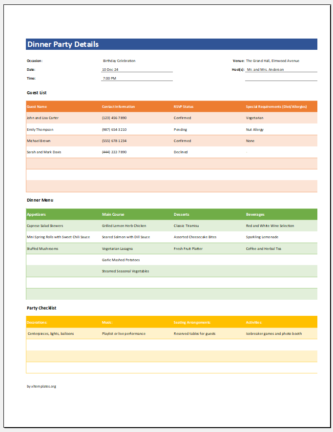 Dinner party list with menu template