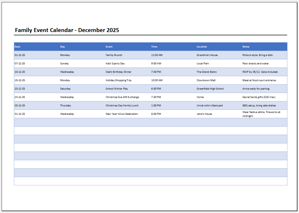 Family Event Calendar Template for Excel