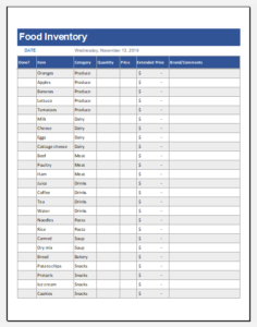 Printable Food Inventory Template For Excel 