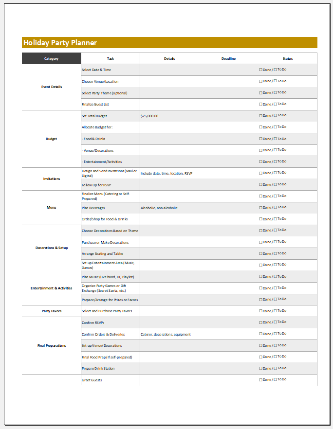 Holiday Party Planner Template for Excel