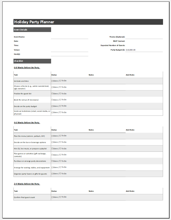 Holiday Party Planner Template for Excel