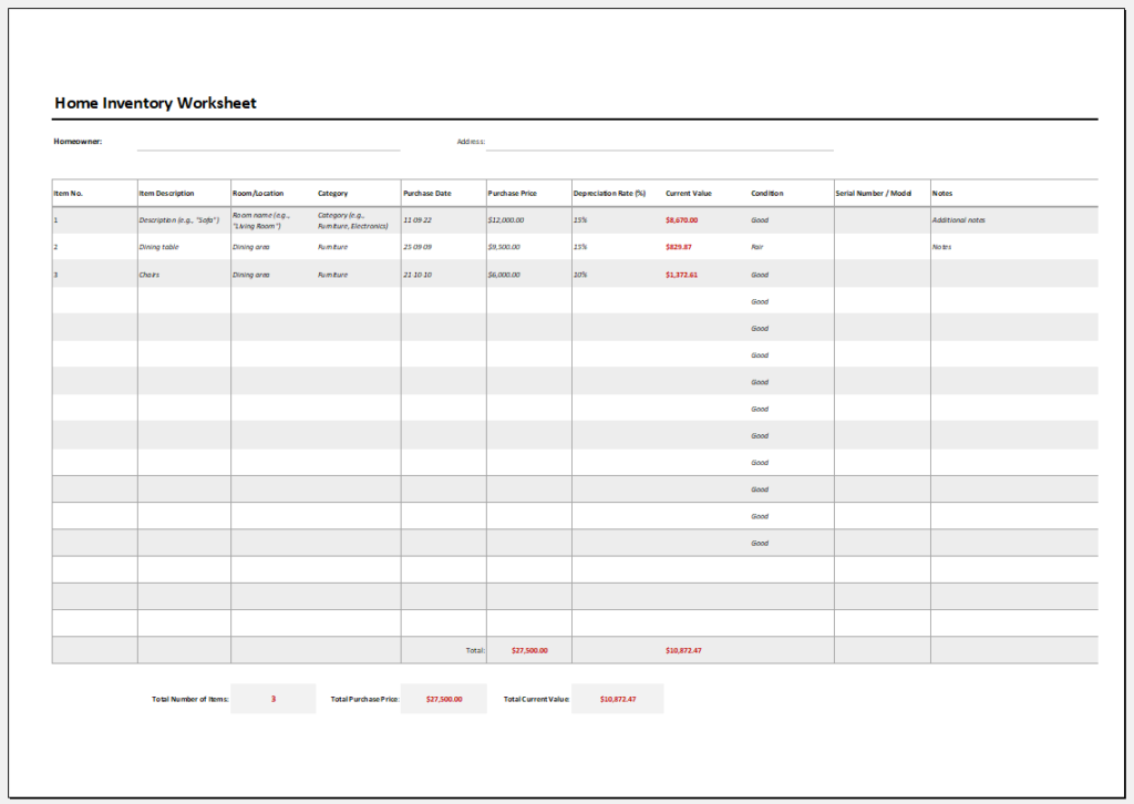 Home inventory worksheet template