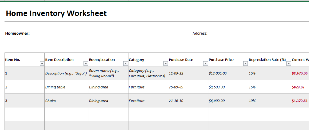 Home inventory worksheet template