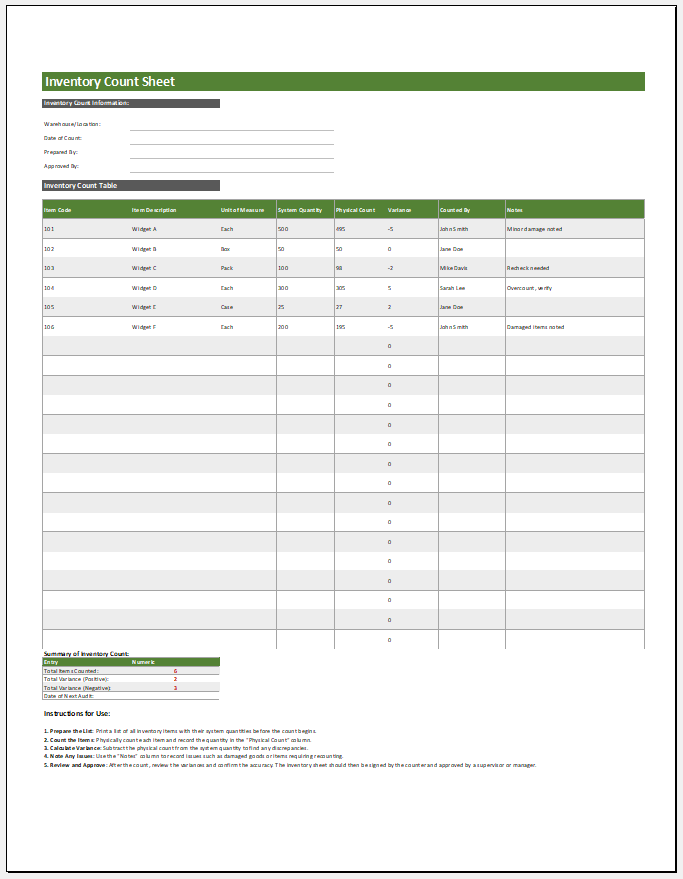 Inventory Count Sheet Template