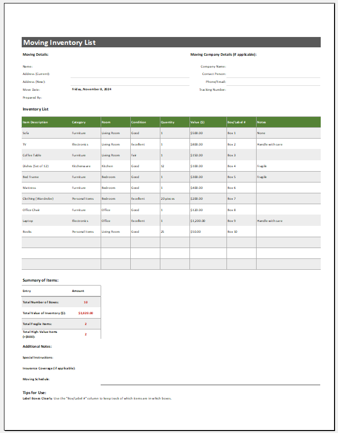 Moving Inventory List Template