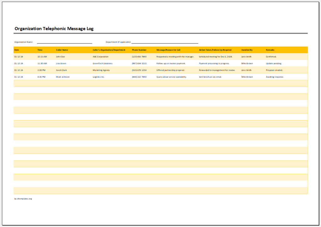 Organization Telephonic Message Log