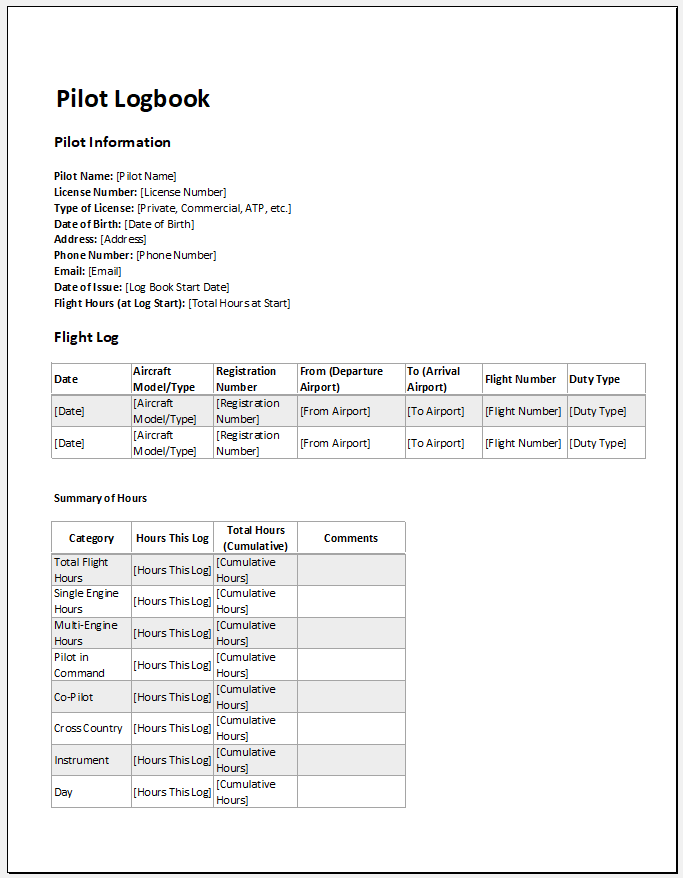 Pilot log book template