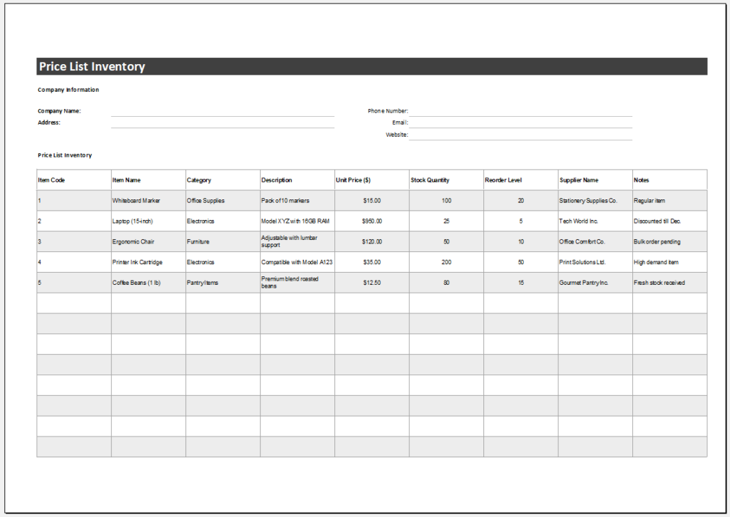 Price List Inventory Template