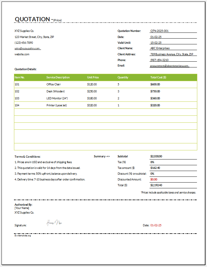 Price Quotation Template for Excel