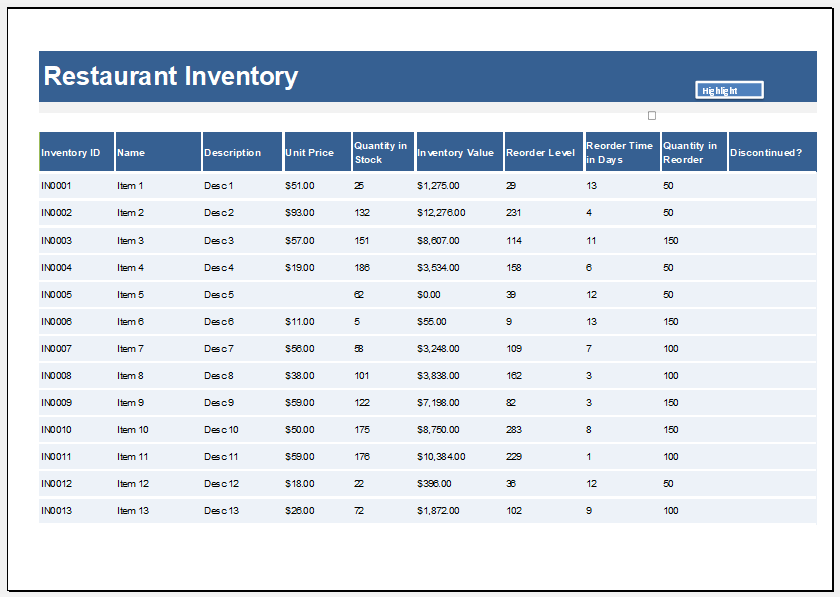 Restaurant Inventory Template