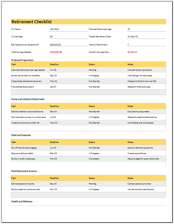 Retirement Checklist Template for Excel