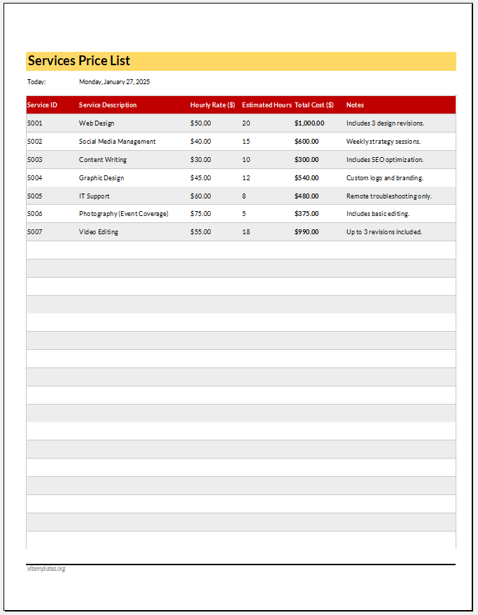 Services Price List Template for Excel