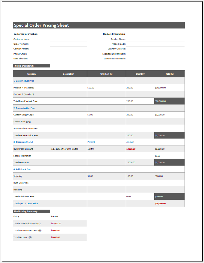 Special Order Pricing Sheet