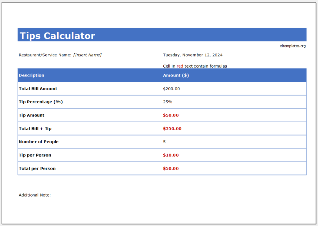 Tips Calculator Template for Excel