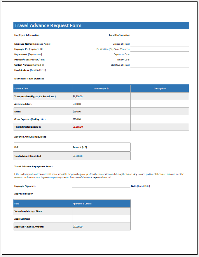 Travel Advance Request Form