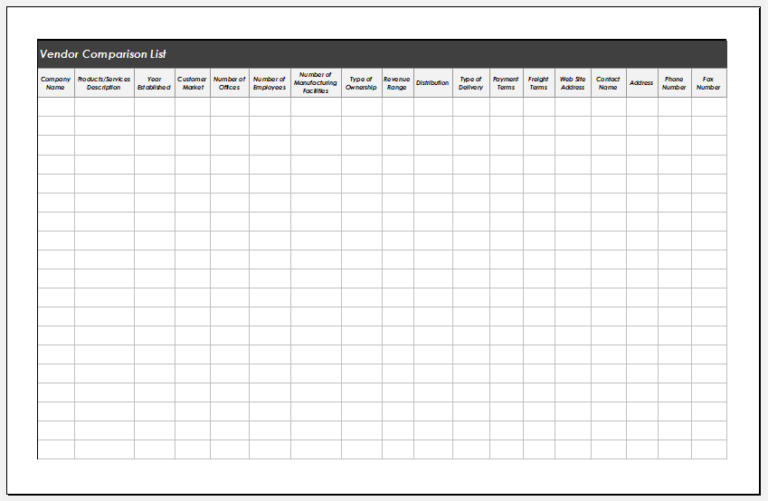 MS Excel Vendor Comparison List Template | Excel Templates