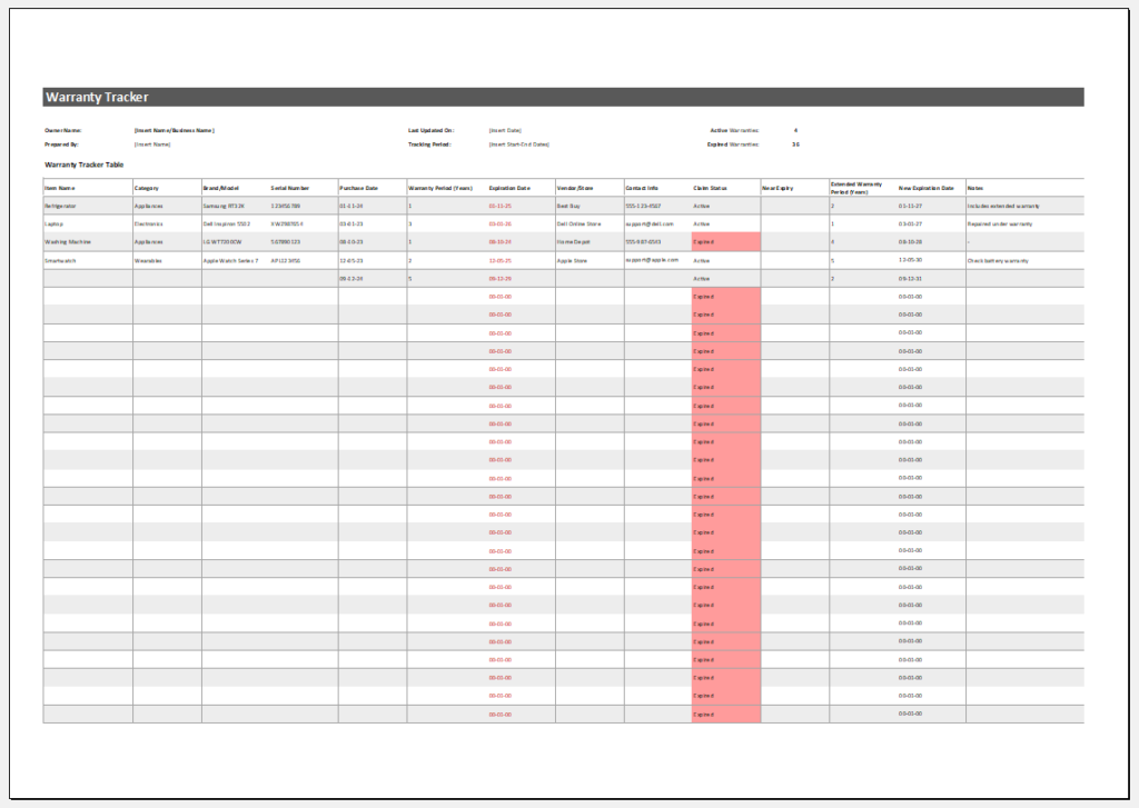 Warranty Tracker Template for Excel