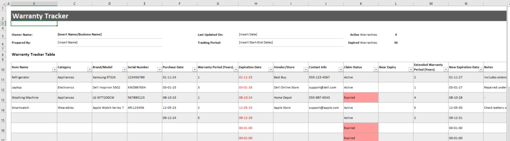 Warranty Tracker Template for Excel