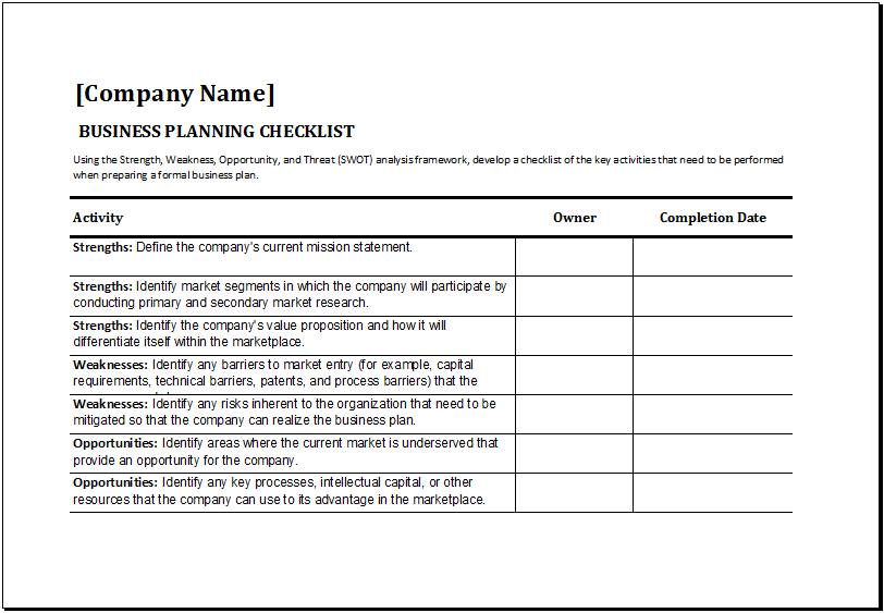 business plan checklist excel