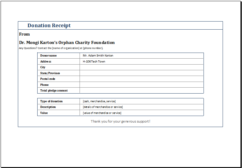 Excel Templates Donation Receipt