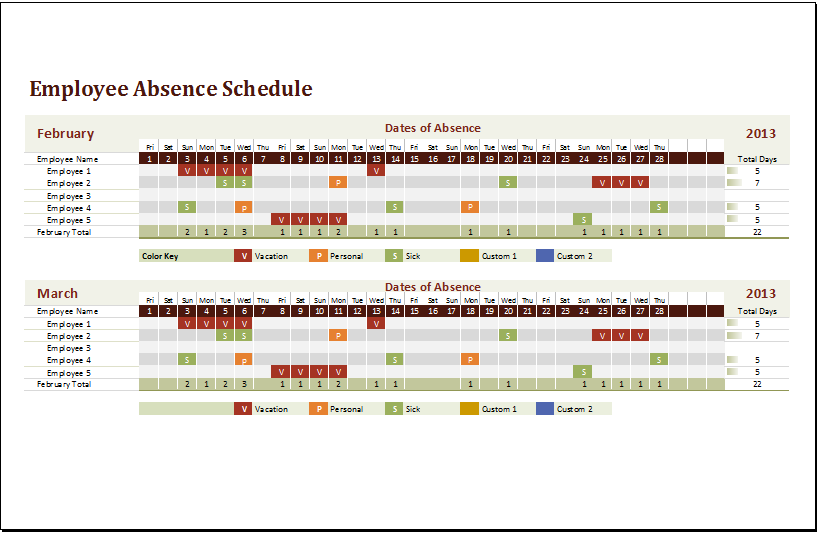 MS Excel Employee Absence Schedule Template Excel Templates