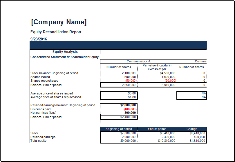 MS Excel Equity Reconciliation Report Template Excel Templates