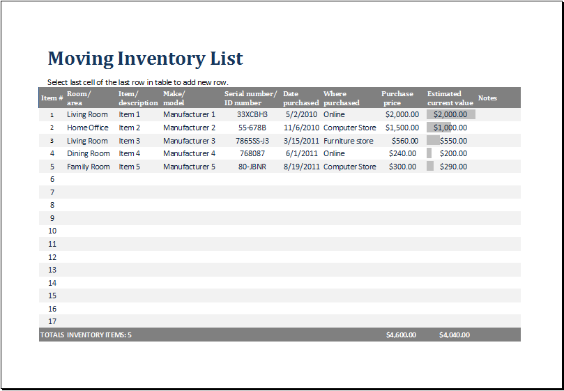 MS Excel Printable Moving Inventory List Template Excel Templates