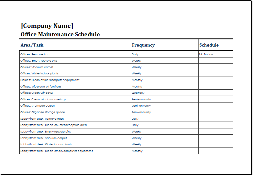 Office Maintenance Schedule Template MS Excel Excel Templates