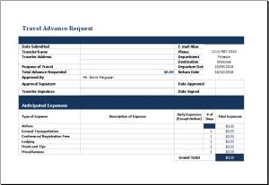 MS Excel Travel Advance Request Form Template | Excel Templates