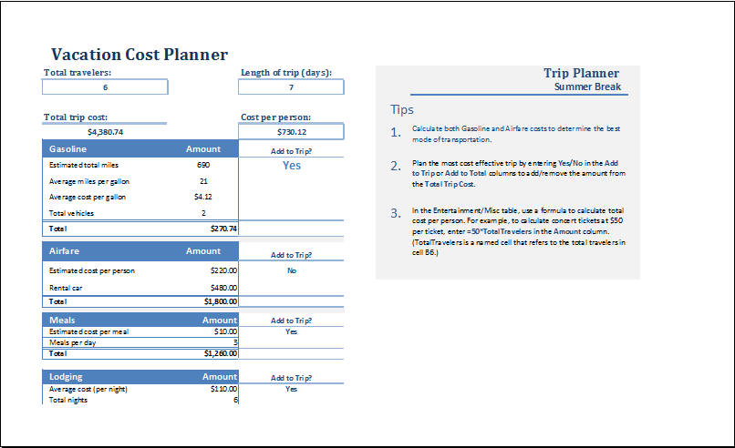 MS Excel Vacation Cost Planner Template Excel Templates