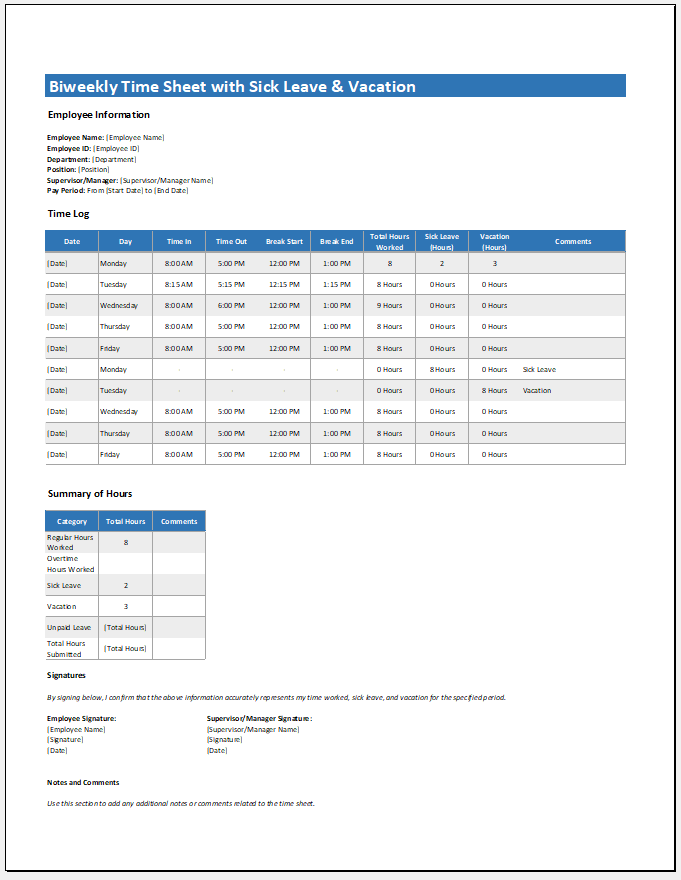 Biweekly Time Sheet with Sick Leave & Vacation