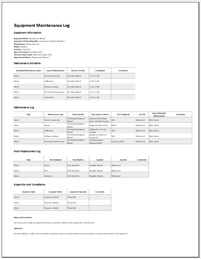 Equipment Maintenance Log