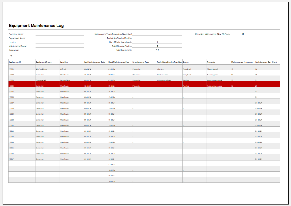 Equipment maintenance log template