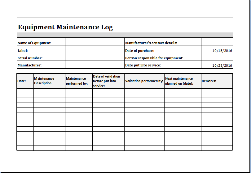 Equipment Maintenance Log Template MS Excel Excel Templates