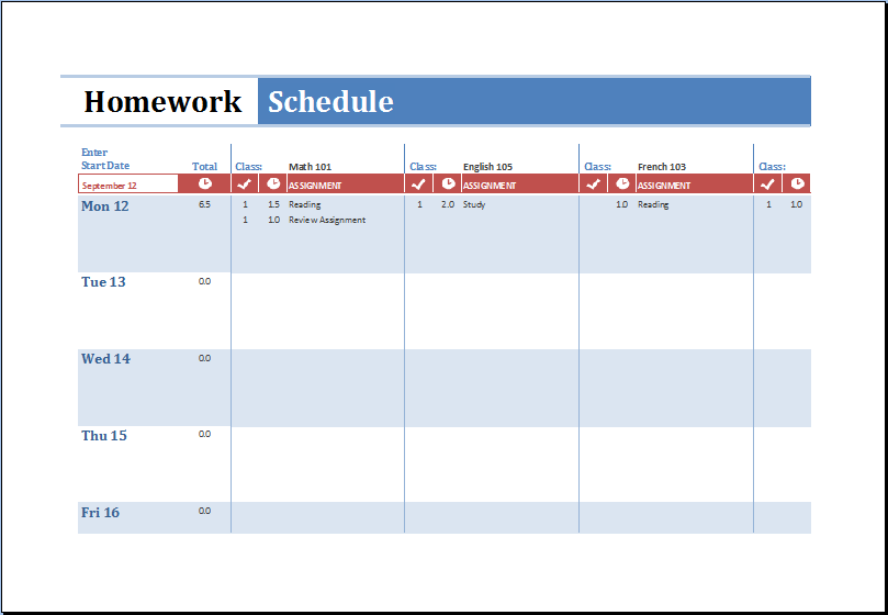 Printable Homework Tracker