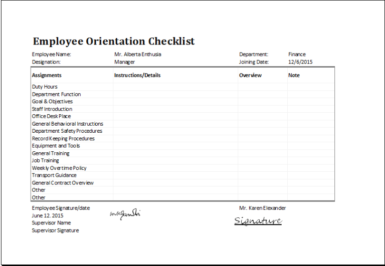 MS Excel Employee Orientation Checklist Editable Template | Excel Templates