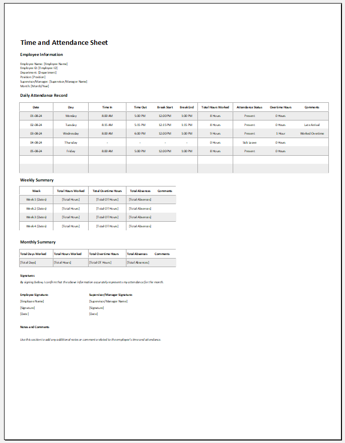 Time and Attendance Sheet