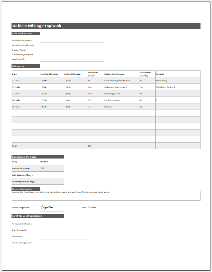 Vehicle Mileage Logbook Template