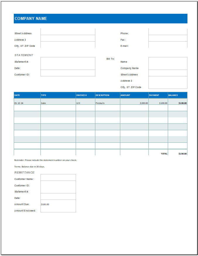 Billing Statement Template for Excel