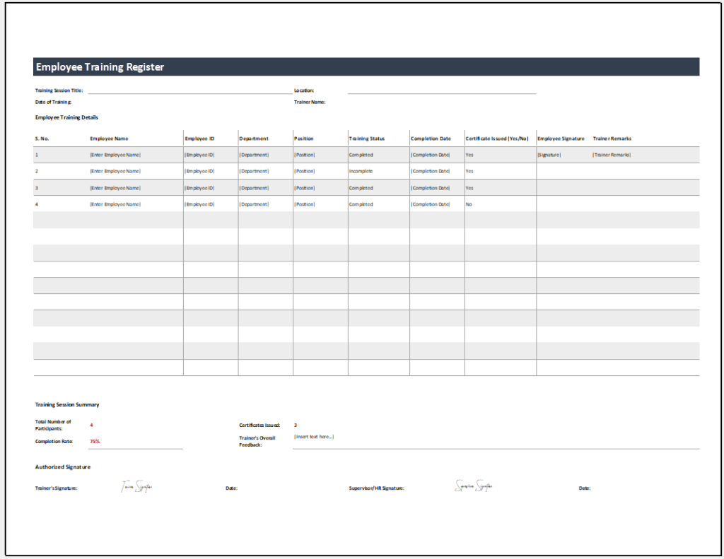 Employee Training Register Template