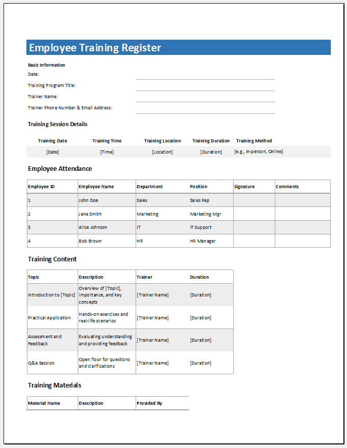 Employee Training Register Template