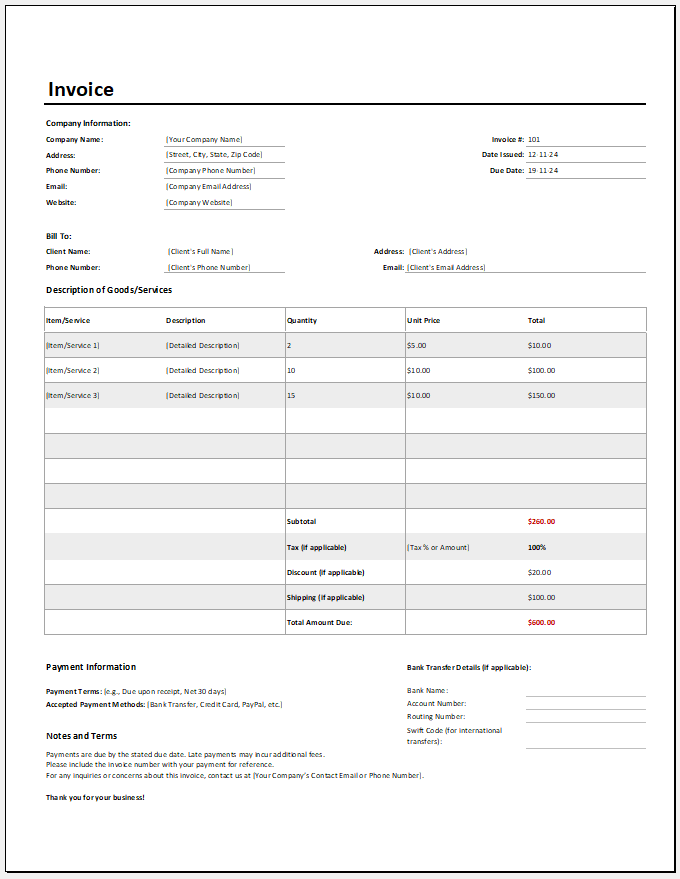 Sales Invoice Template for Excel