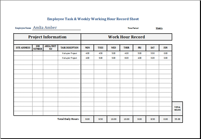 Employee Task Weekly Working Hour Record Sheet Excel Templates